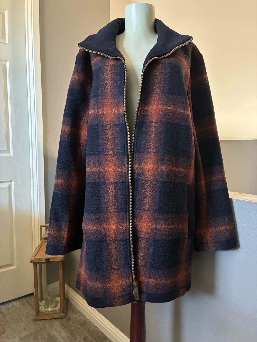 Pendleton Wool Blend Winter Walker Coat XL Navy Copper Plaid Full Zip Wool Coat